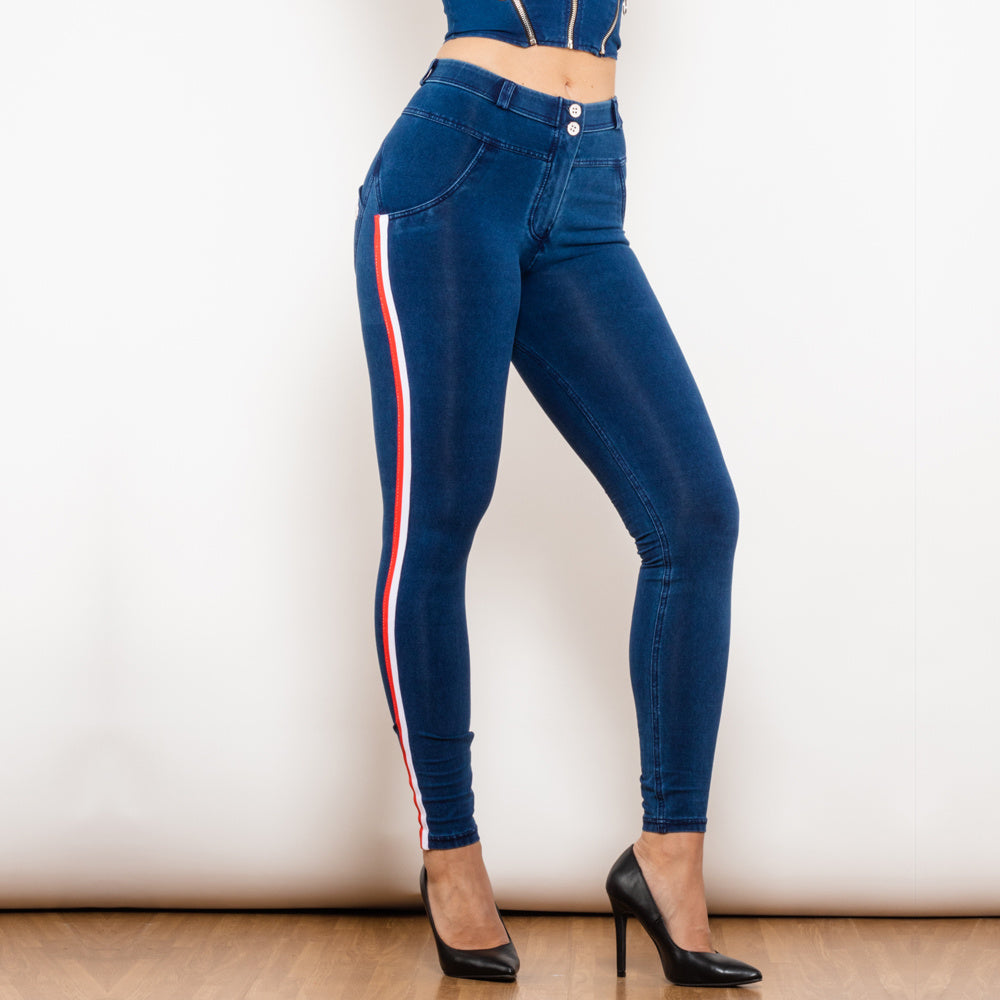 धारीदार स्लिम डिजाइन के साथ काले खिंचाव पेंसिल jeggings