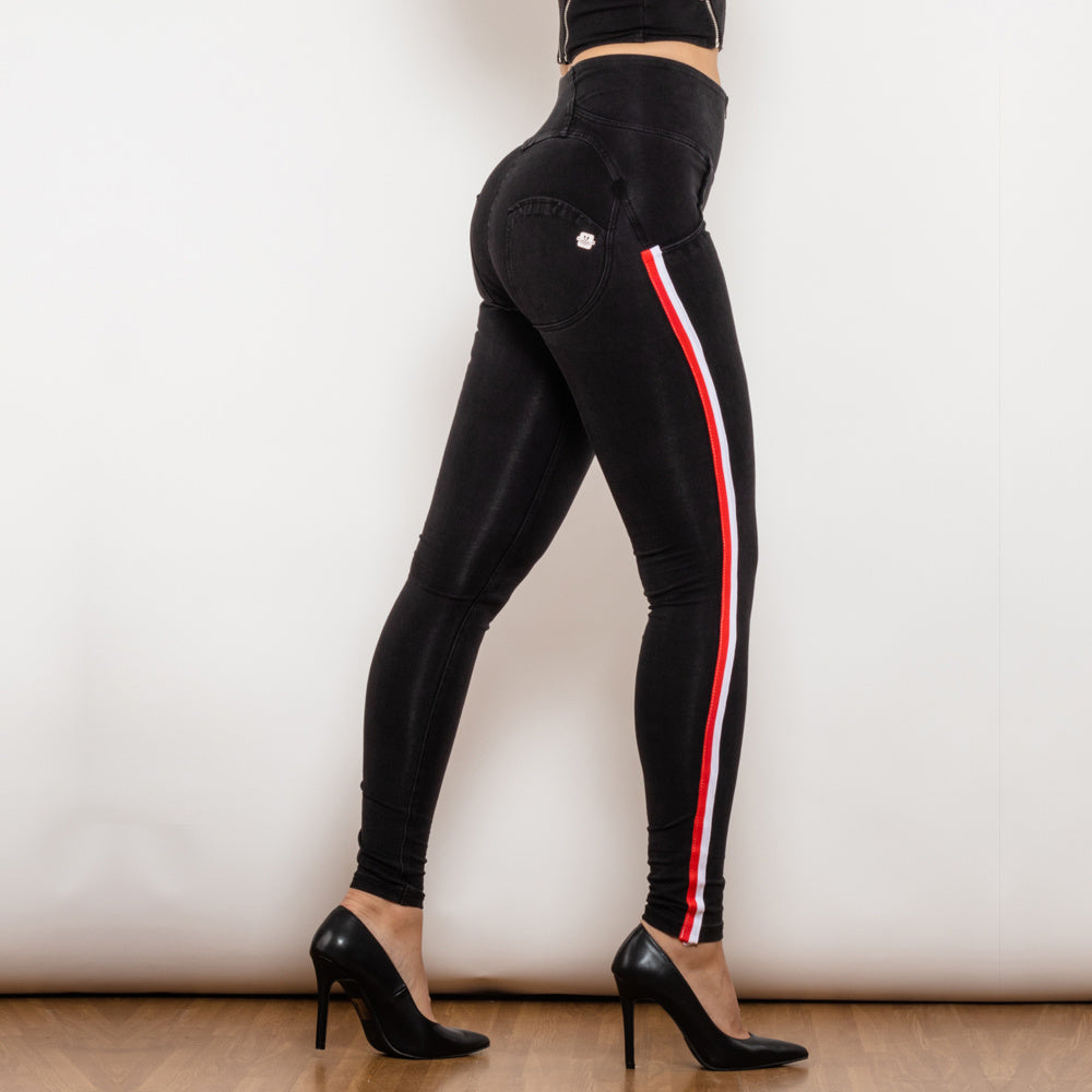 धारीदार स्लिम डिजाइन के साथ काले खिंचाव पेंसिल jeggings