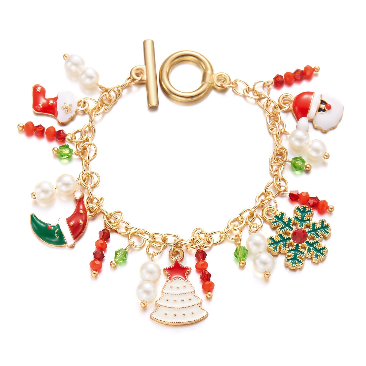 Christmas Rhinestone-Accent Enameled Toggle-Clasp Women's Charm Bracelet in Assorted Styles