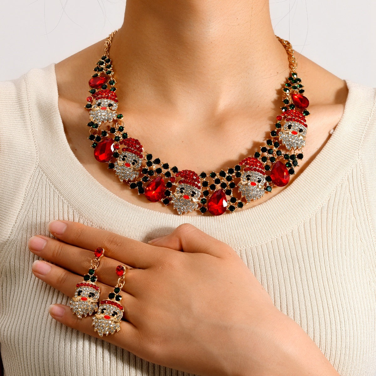 Christmas Santa Claus Rhinestone kraag ketting en bengelende post oorbellen set