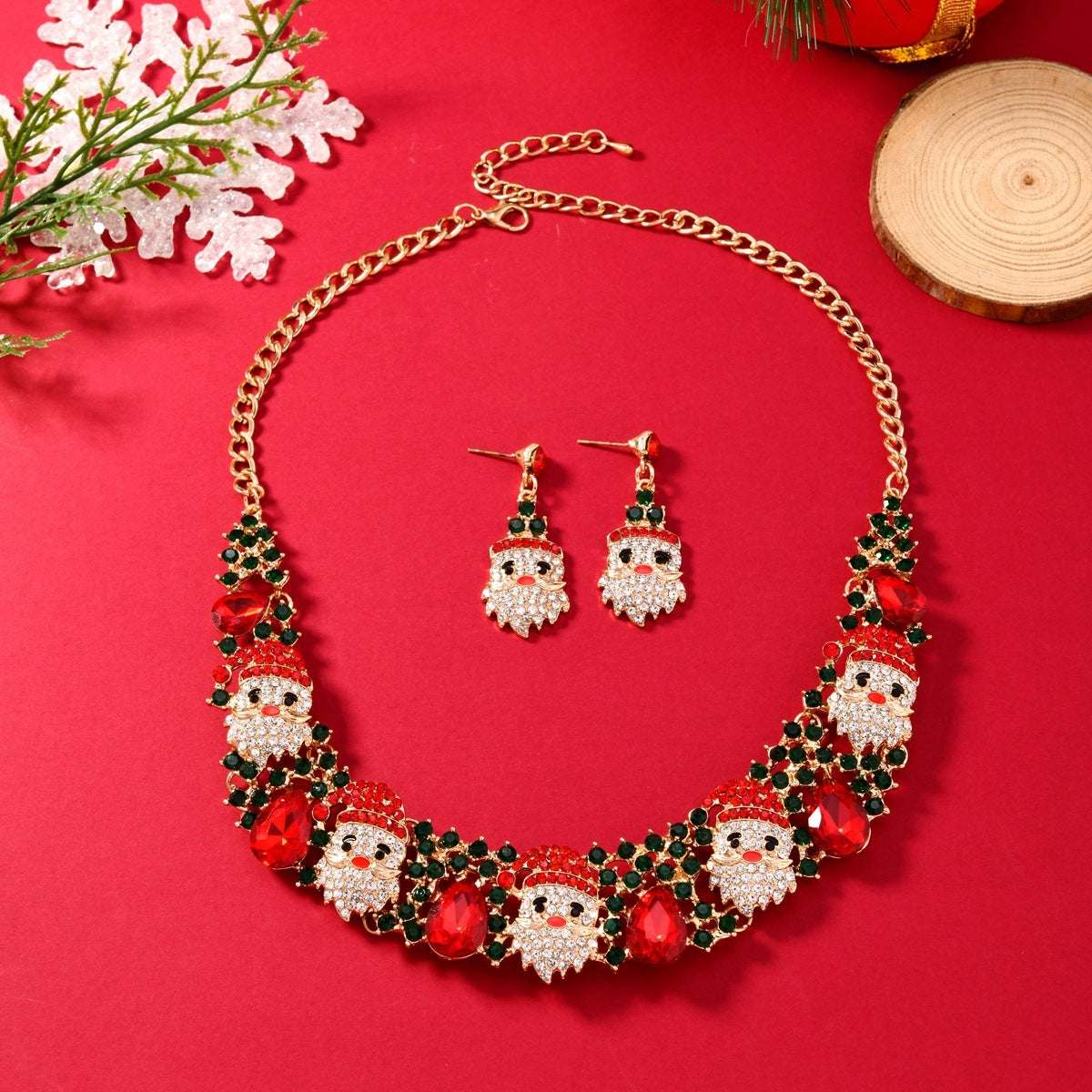 Christmas Santa Claus Rhinestone Collar Necklace & Dangle Post Earrings Set