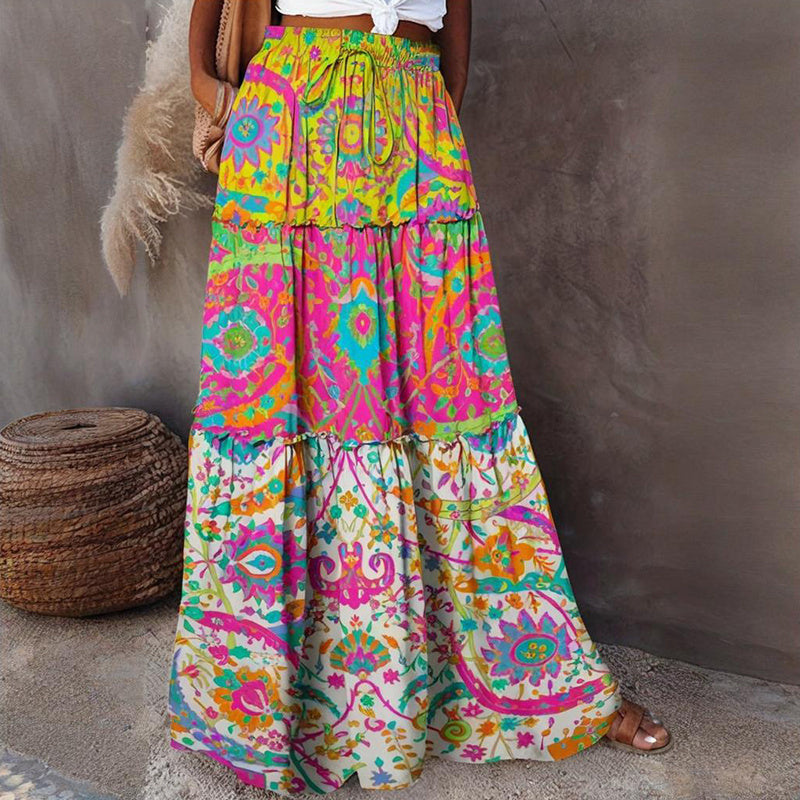 Blocco colorato Maxi gonna floreale con elastica corsetta