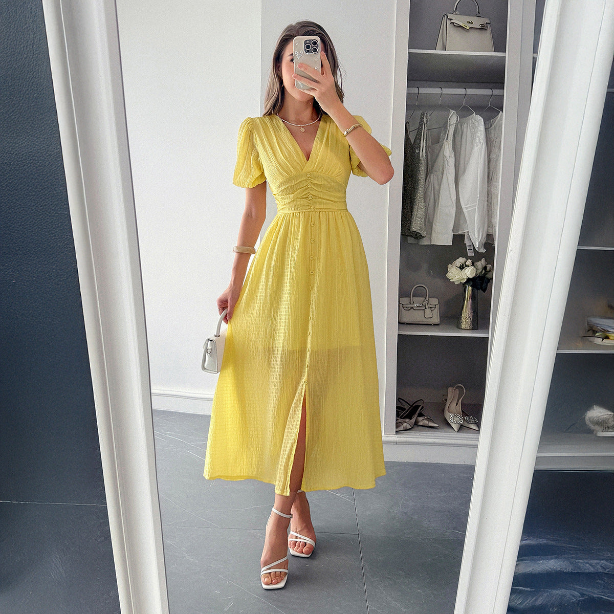 Deep V Short-Sleeve Maxi Dress with Elegant Vacation Flair-Yellow-Theone Apparel