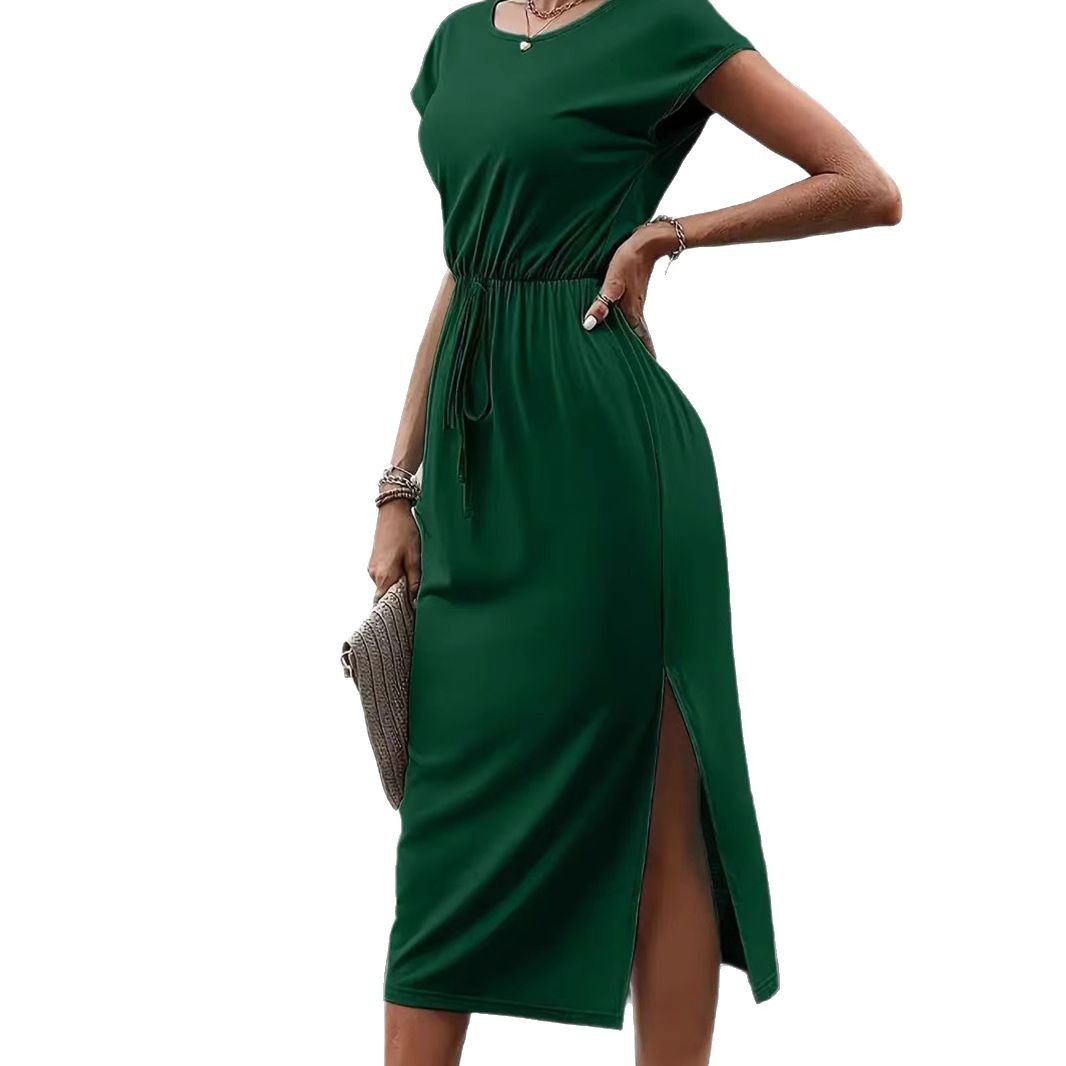 Effortless Simple Casual Round-Neck Short-Sleeve Dress with Cinched Waist-Theone Apparel