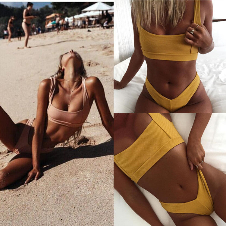 Effortless Split Bikini Swimsuit Designed for Beachside Glamour-Yellow-Theone Apparel
