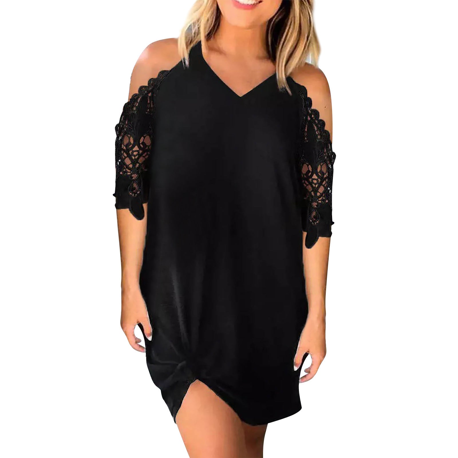 Elegant Cold Shoulder Lace Patchwork V-Neck Solid-Color Midi Dress
