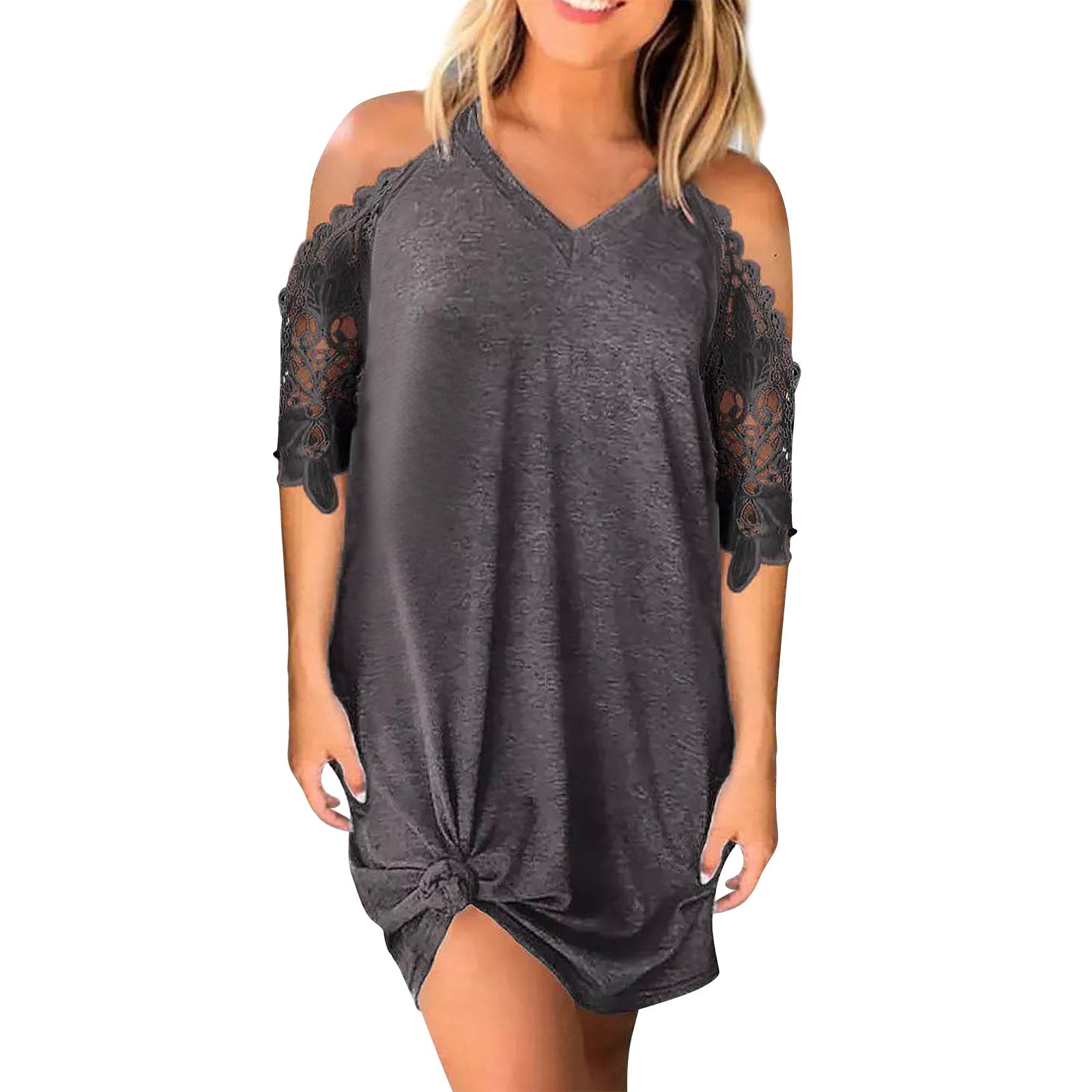 Elegant Cold Shoulder Lace Patchwork V-Neck Solid-Color Midi Dress