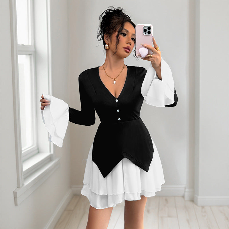 Robe patchwork à manches longues à contraste élégant avec touche à volants