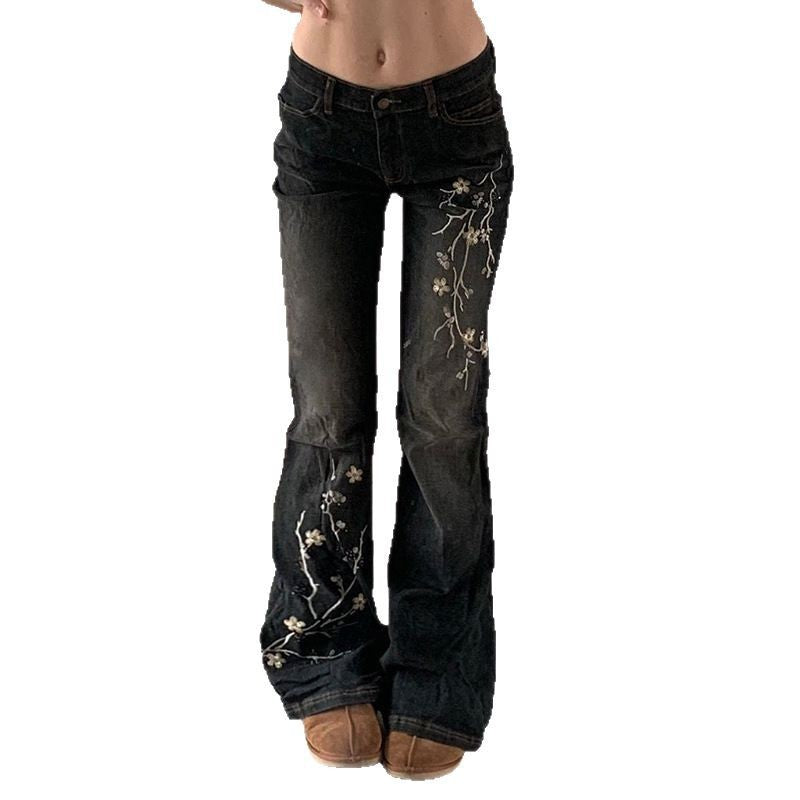 Embroidered White Skinny Jeans with Retro Floral Detail-Theone Apparel
