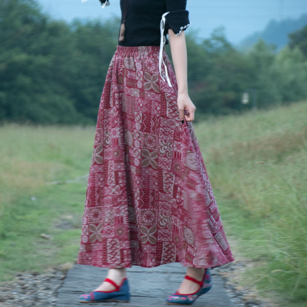Etnische stijl katoenen linnen zwenkrok met elastische taille