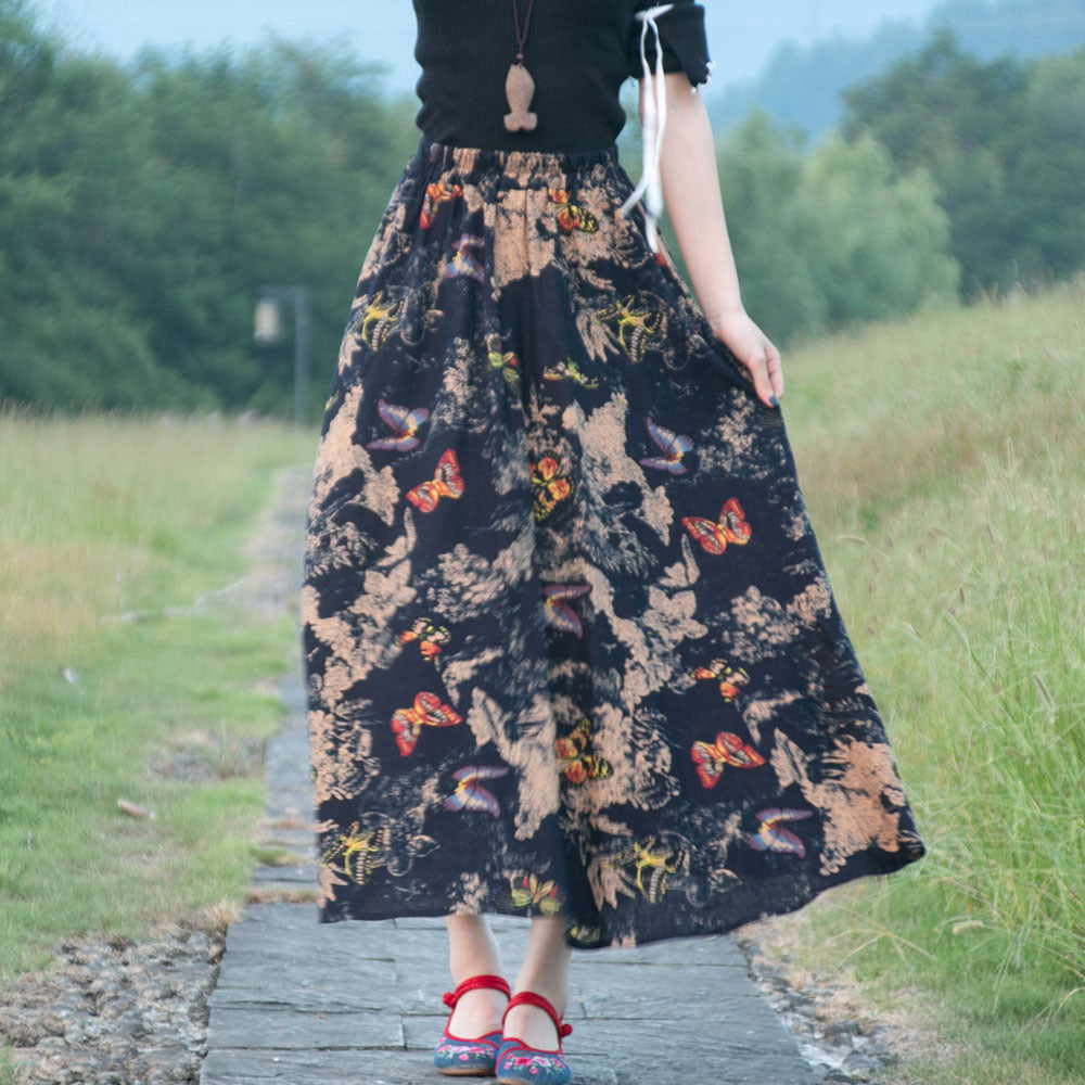 Etnische stijl katoenen linnen zwenkrok met elastische taille
