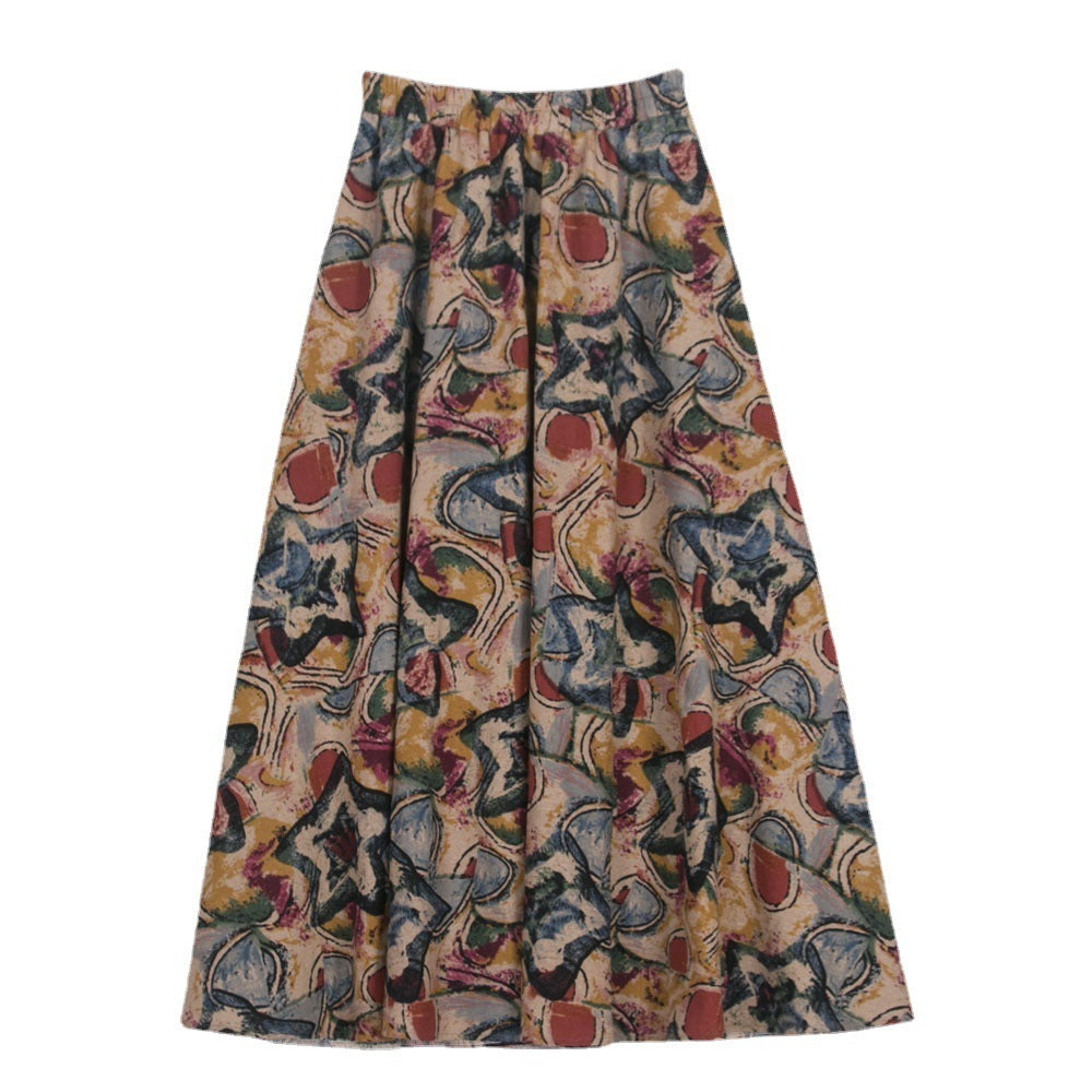 Etnische stijl katoenen linnen zwenkrok met elastische taille