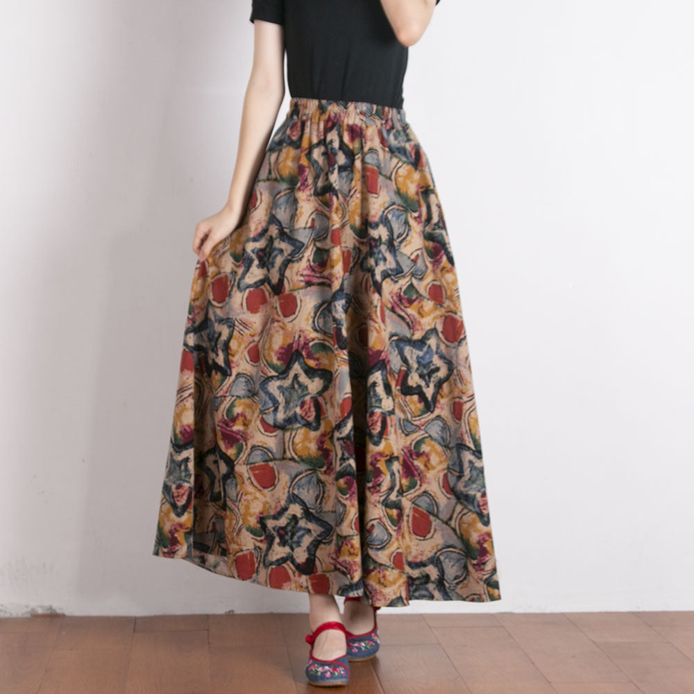 Etnische stijl katoenen linnen zwenkrok met elastische taille