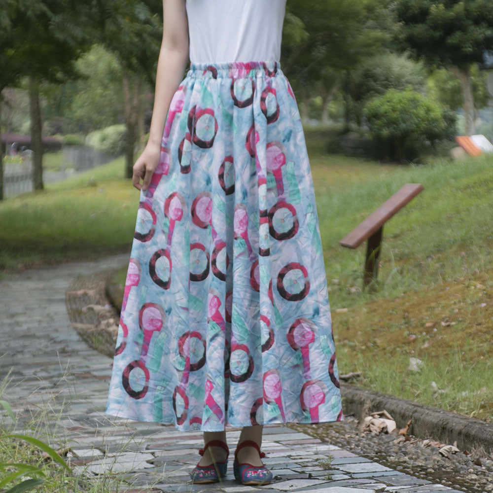Etnische stijl katoenen linnen zwenkrok met elastische taille