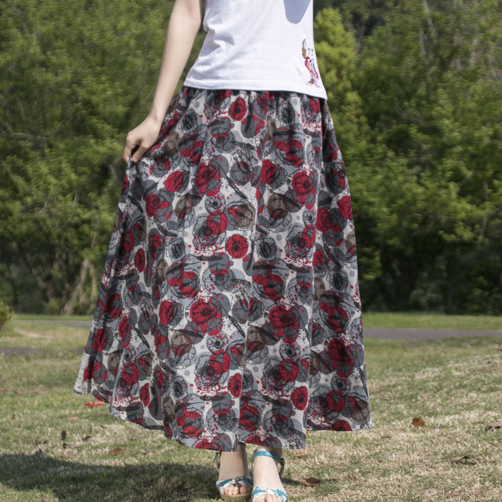 Etnische stijl katoenen linnen zwenkrok met elastische taille