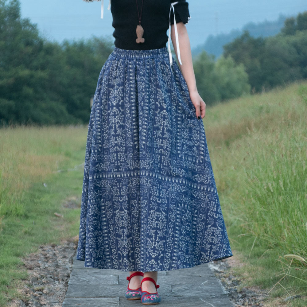 Etnische stijl katoenen linnen zwenkrok met elastische taille