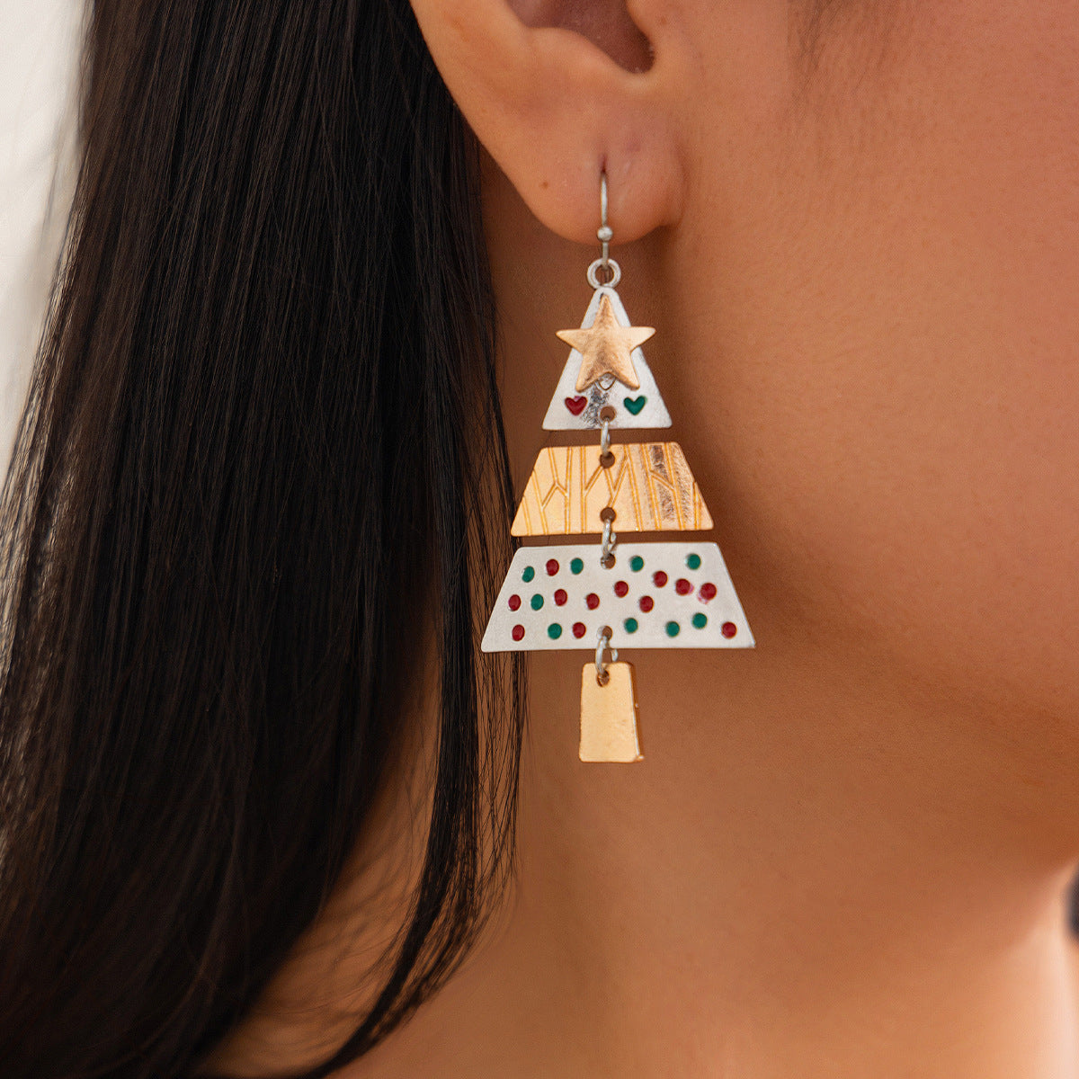 Festive Triple Tier Christmas Tree Dangle Earrings and Pendant Necklace Set