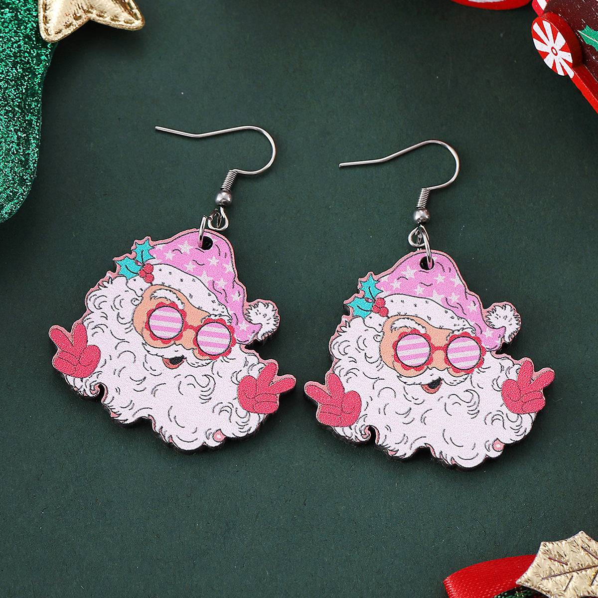 Funky Fun Wooden Cool Santa With Sunglasses Dangle Earrings in Assorted Styles