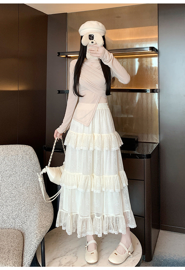 Lace Cake Dress With Net Falbala Bubble Skirt-Theone Apparel