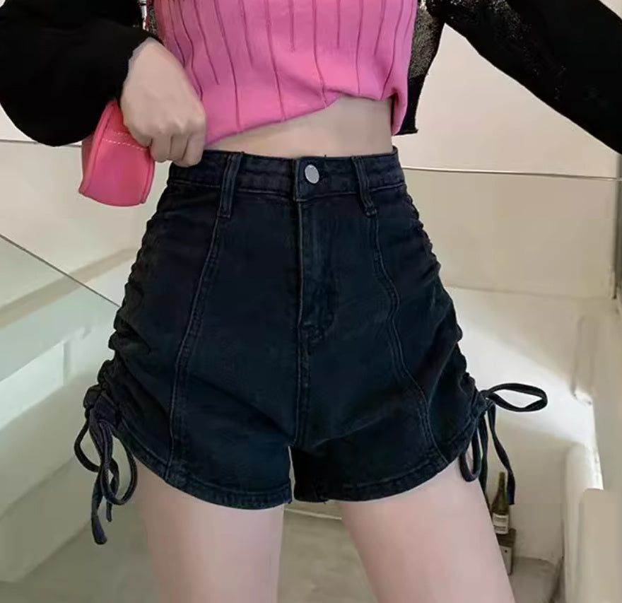 Light A-Line Denim Shorts with Drawstring and Wide-Leg Fit-Theone Apparel