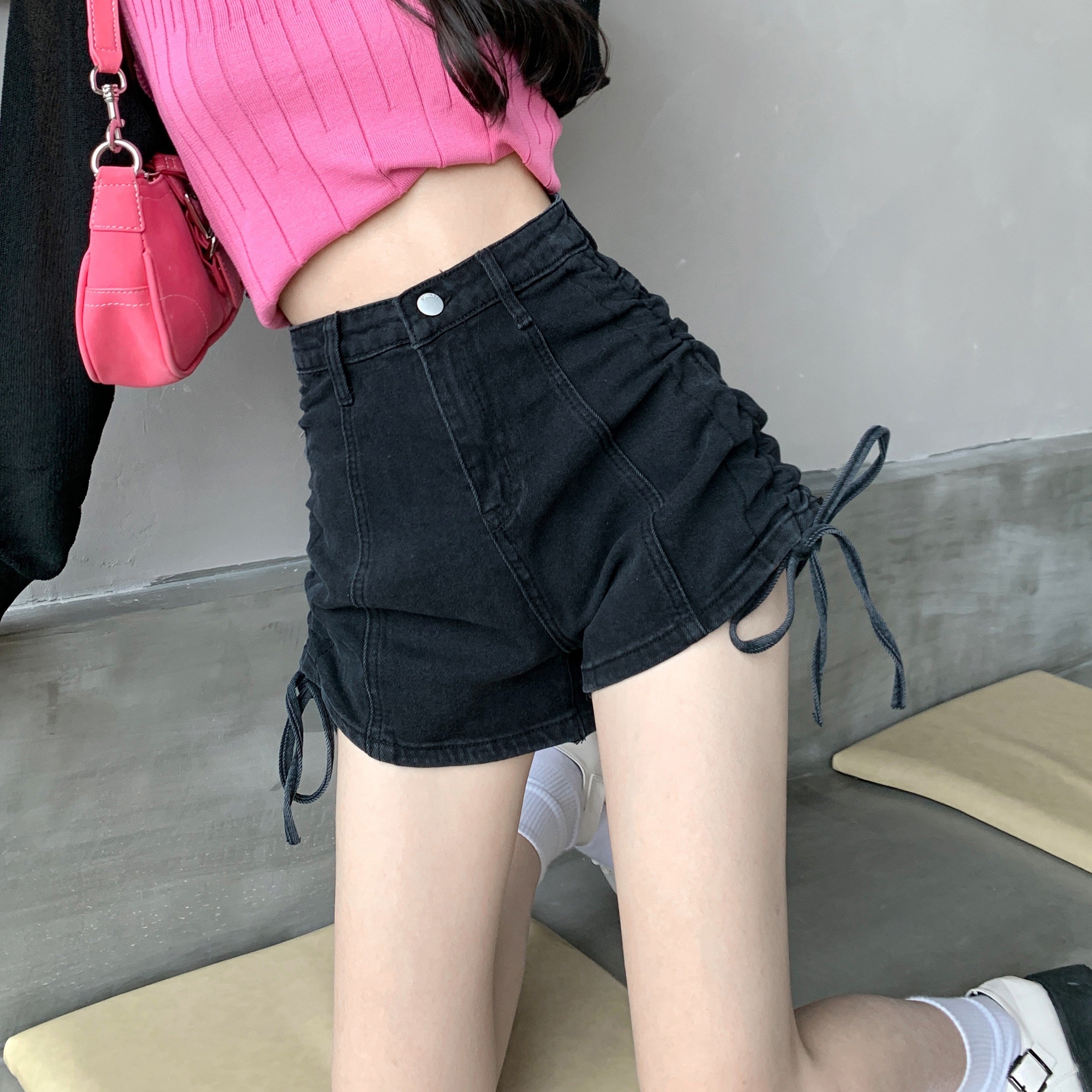 Light A-Line Denim Shorts with Drawstring and Wide-Leg Fit-Theone Apparel