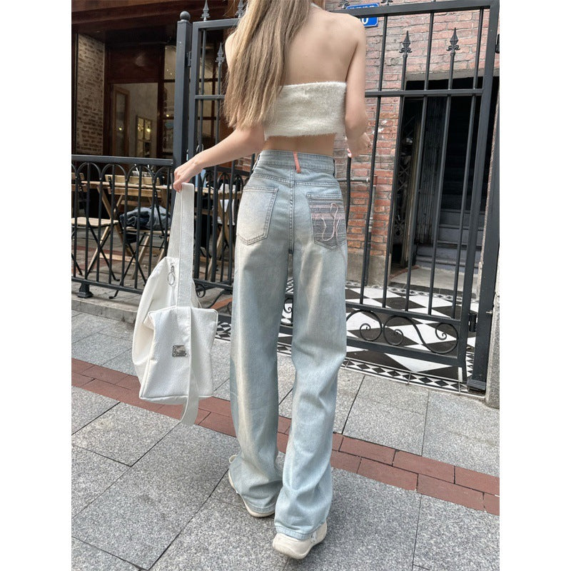 Light Blue Summer Washed Wide-Leg Floor-Length Jeans-Theone Apparel