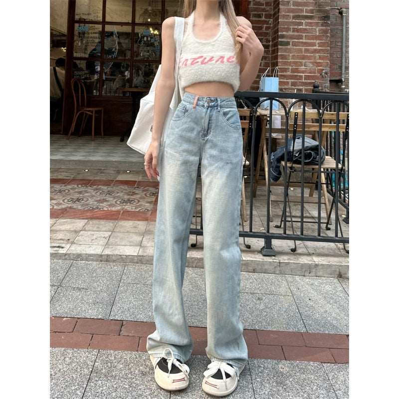 Light Blue Summer Washed Wide-Leg Floor-Length Jeans-Theone Apparel