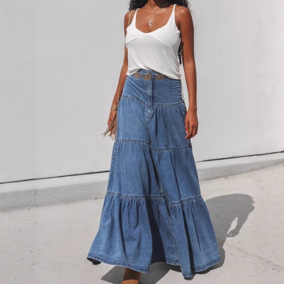 Low Waist Distressed Denim Skirt For Laid Back Vacations-Blue-Theone Apparel