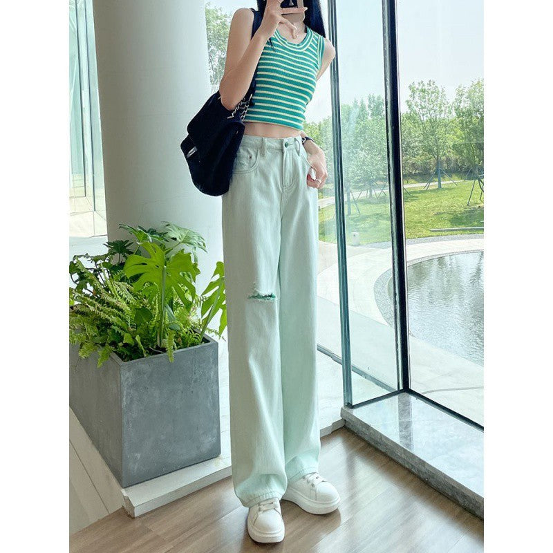 Jeans a gamba a gamba strappata verde menta per estate cool