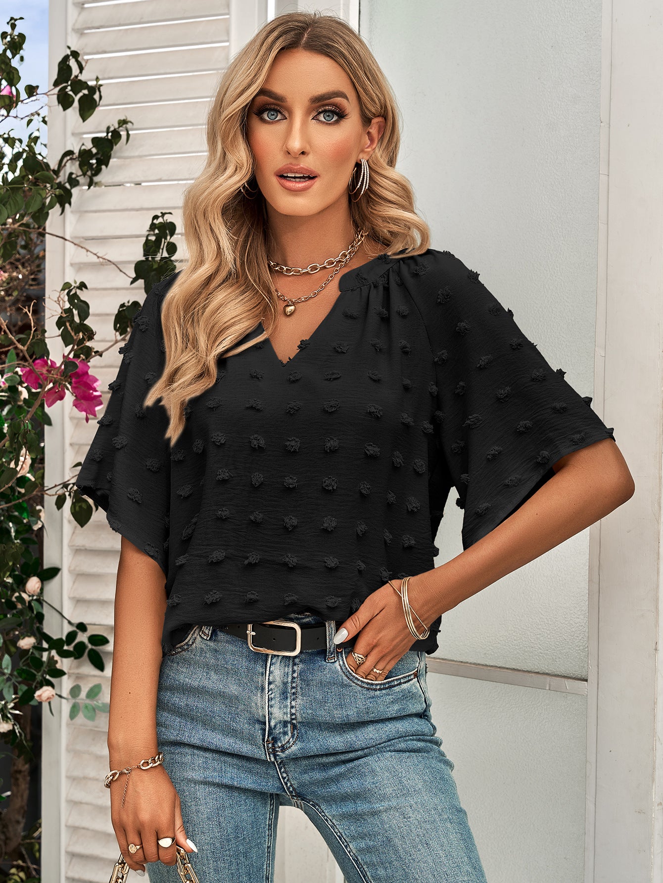 Women's Mock Neck Loose Short Sleeve Puffball Blouse