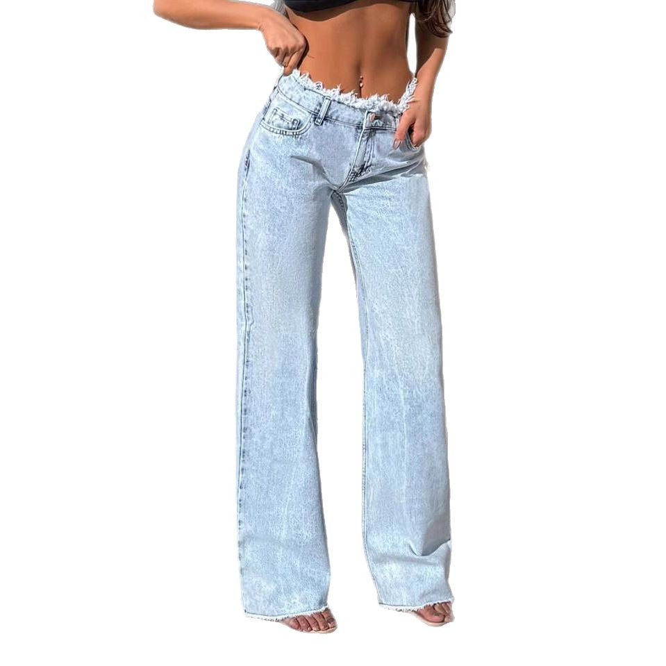 Roh-Hem-Baggy Wide-Bein-Jeans mit drapierter Straßenattraktivität