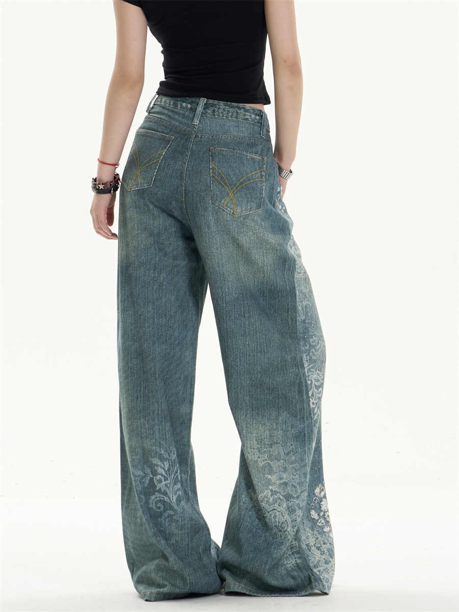 Jeans giocosi a gamba a gamba con stampa bowknot con tocco femminile