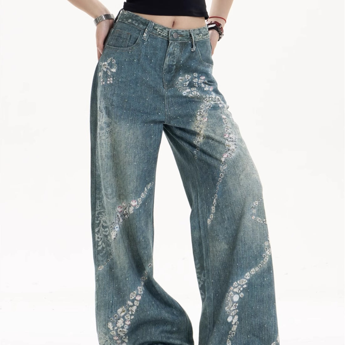 Jeans giocosi a gamba a gamba con stampa bowknot con tocco femminile