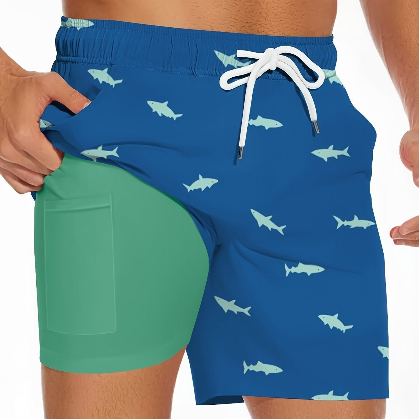 Playful Shark-Illustrated Drawstring Swim Trunks for Beach Fun-Blue-Theone Apparel
