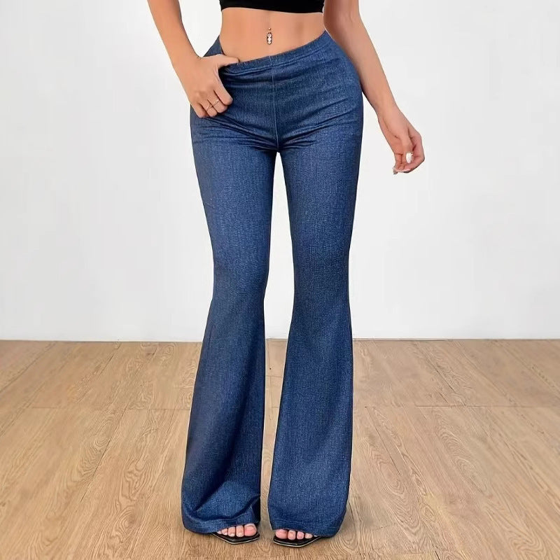 Pantaloni in denim a campana stampati con vita alta