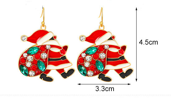 Red & Green Christmas Enamel Rhinestone Santa Carrying Sack  Dangle Earrings