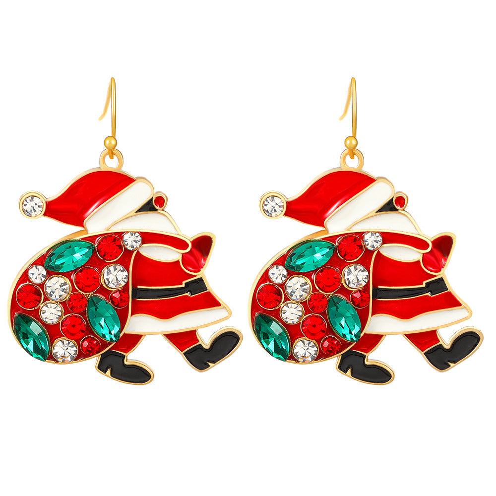 Red & Green Christmas Enamel Rhinestone Santa Carrying Sack  Dangle Earrings