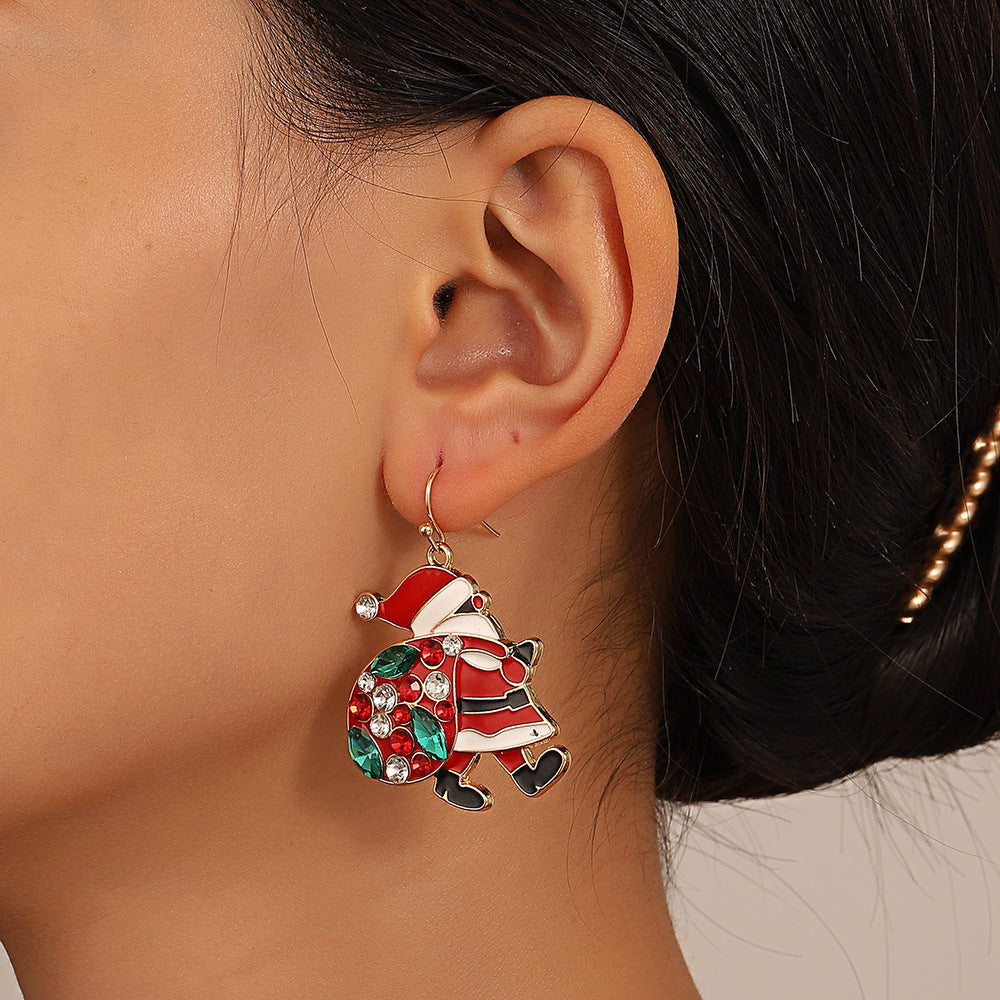 Red & Green Christmas Enamel Rhinestone Santa Carrying Sack  Dangle Earrings