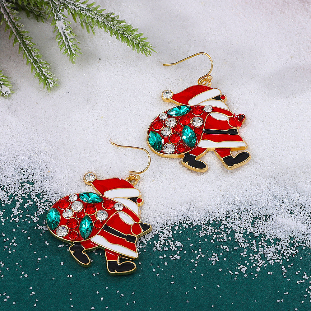Red & Green Christmas Enamel Rhinestone Santa Carrying Sack  Dangle Earrings