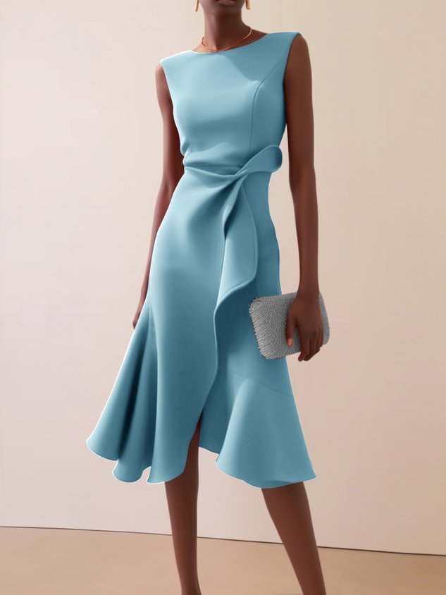 Red Sleeveless Round-Neck Dress with Elegant Temperament-Light Blue-Theone Apparel