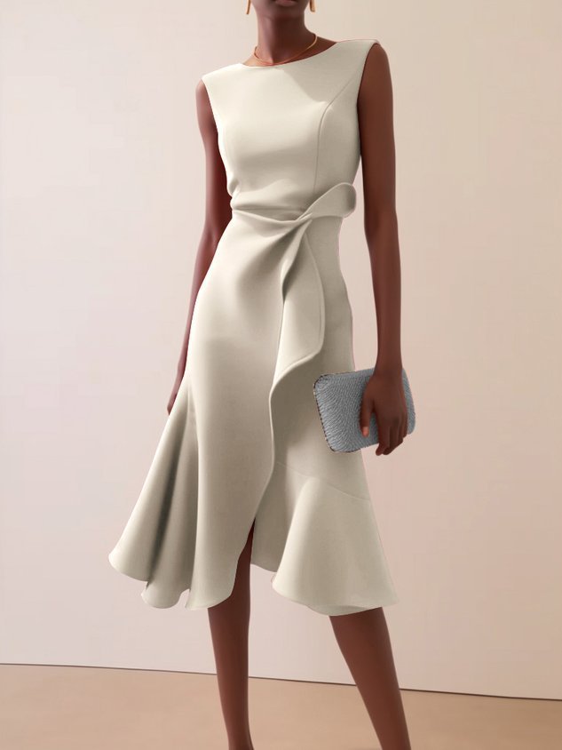 Red Sleeveless Round-Neck Dress with Elegant Temperament-Light Khaki-Theone Apparel