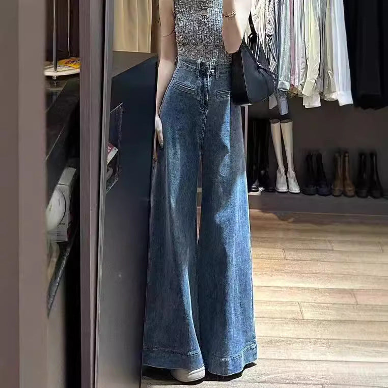 Jeans retrò a gamba larga lunghi pavimenti con drappeggio