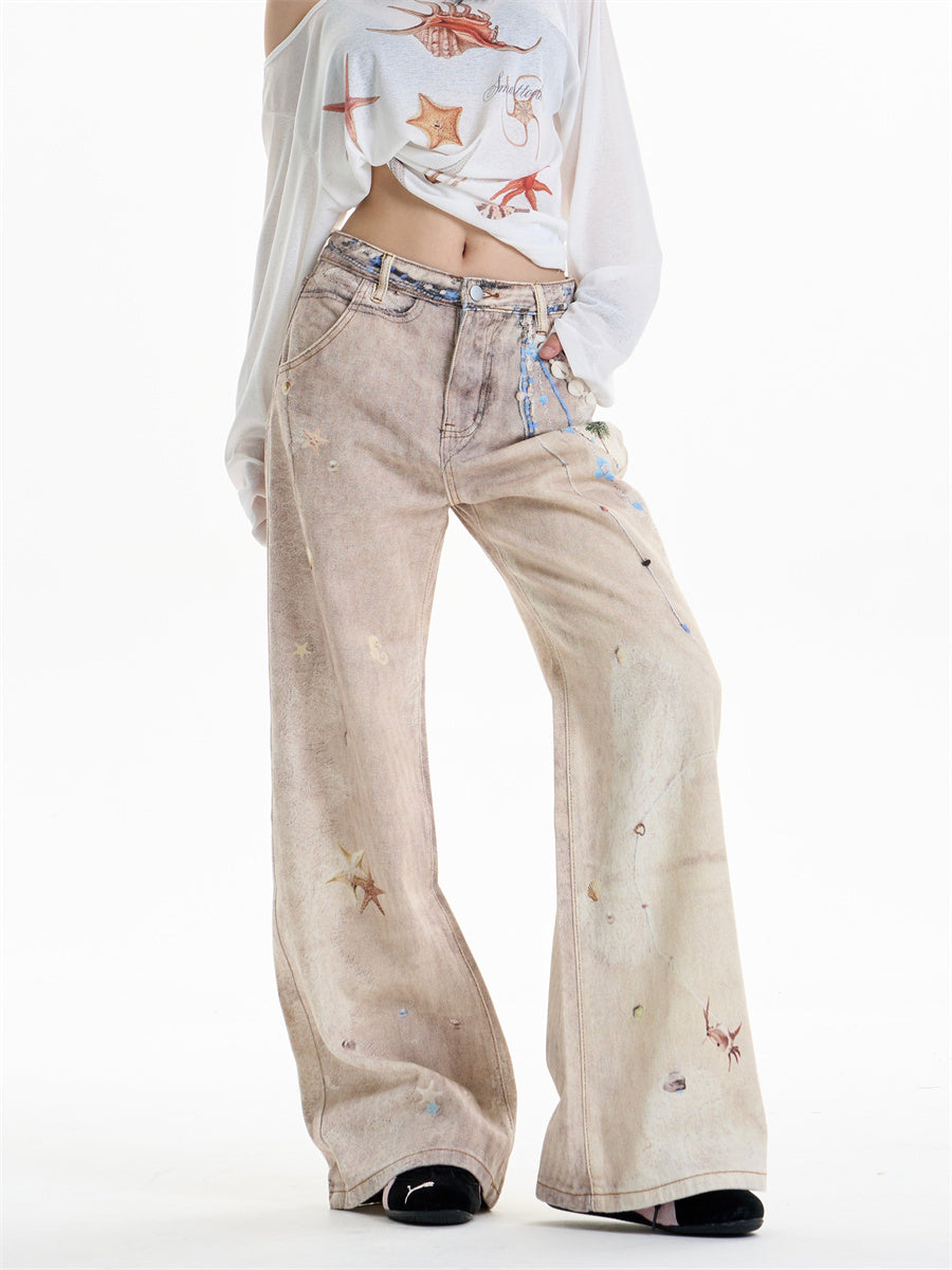 Jeans a gamba dritta con stampa a catena retrò con finitura vintage