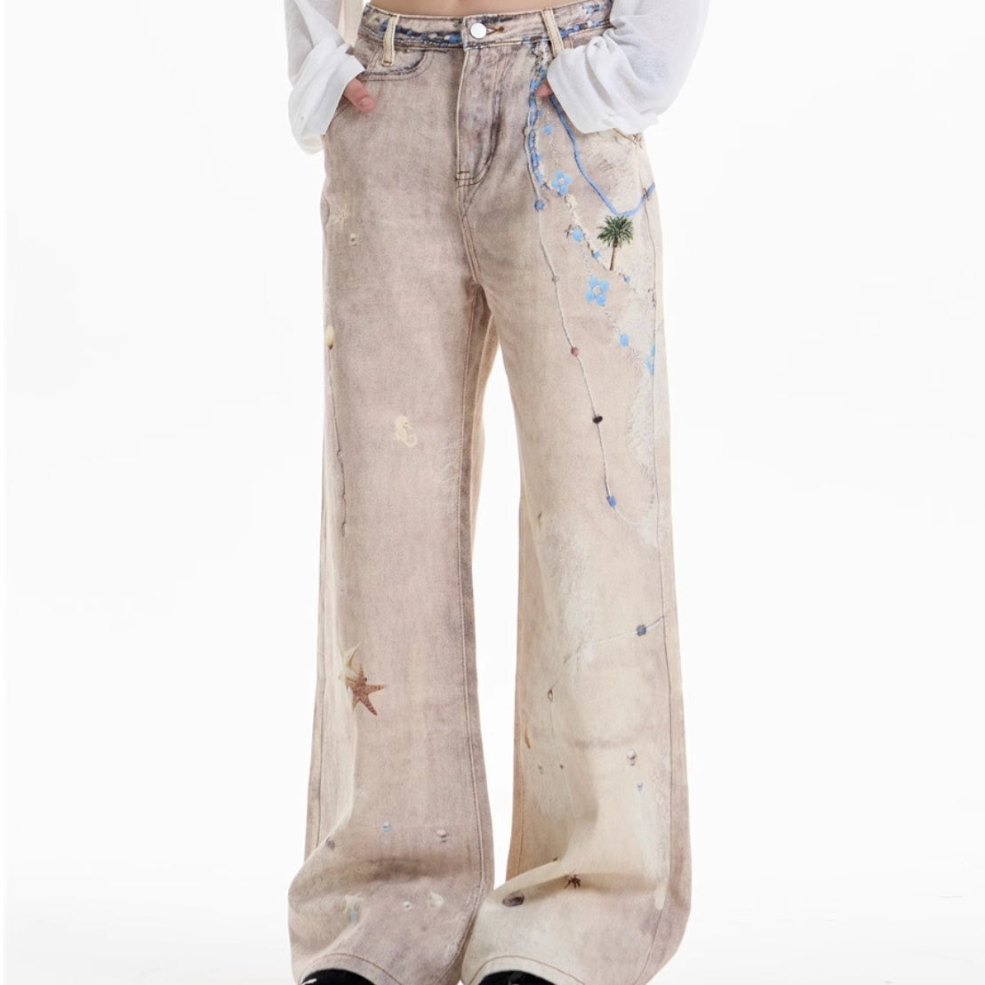 Jeans a gamba dritta con stampa a catena retrò con finitura vintage