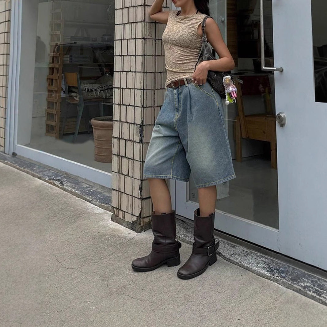 Retro Pleated Wide-Leg Denim Shorts with Loose Fit Charm-Theone Apparel