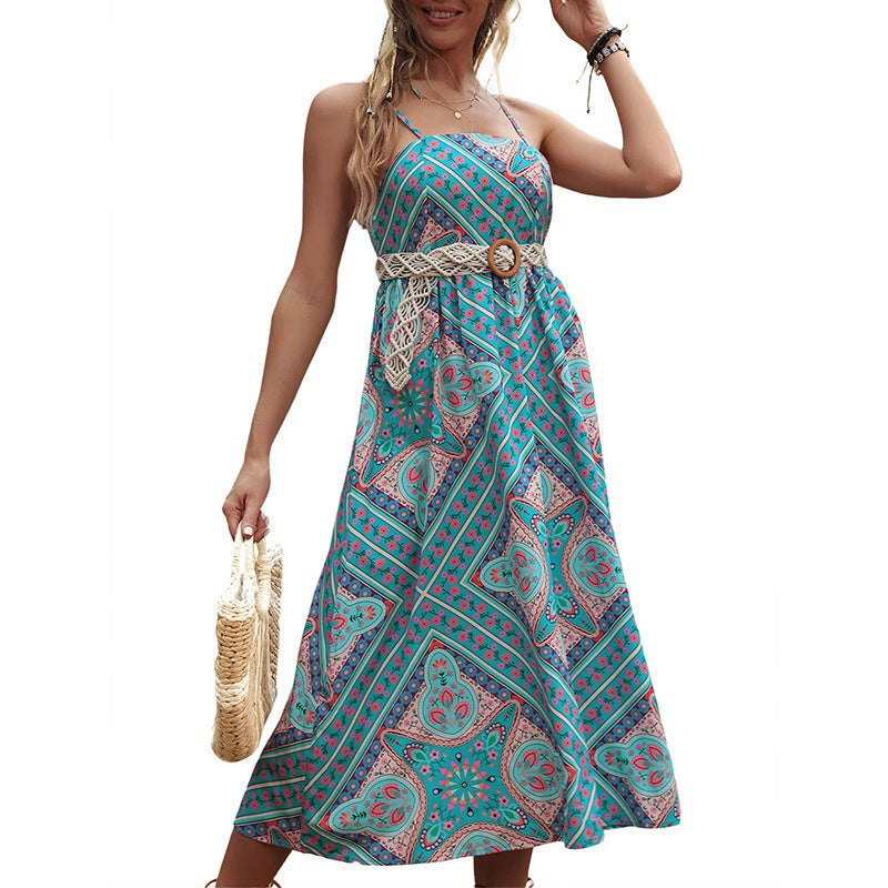 Retro Print Slip Dress with Vintage Vibes Chic Lines-Light Blue-Theone Apparel