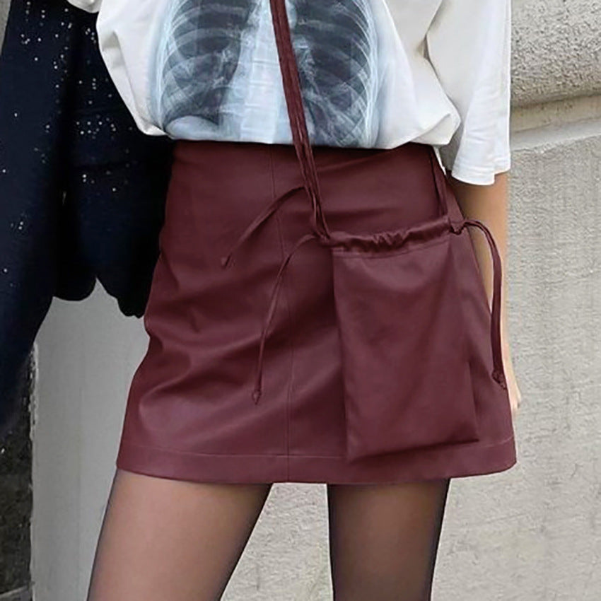 Retro Wine Red Matte Leather Skirt For Bold Elegance-Theone Apparel