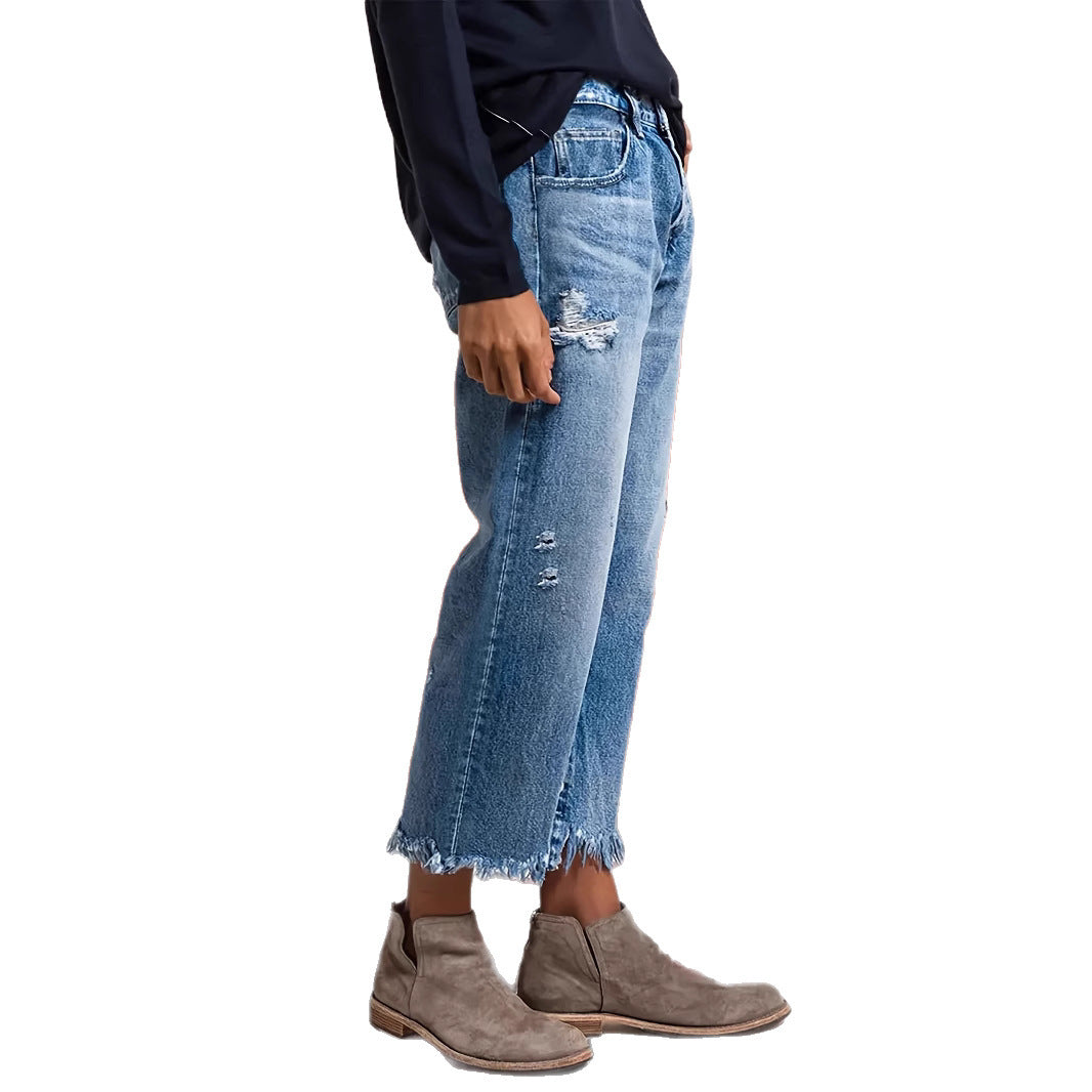 Ripped Stretch Straight Jeans with Easy Motion Comfort-Theone Apparel