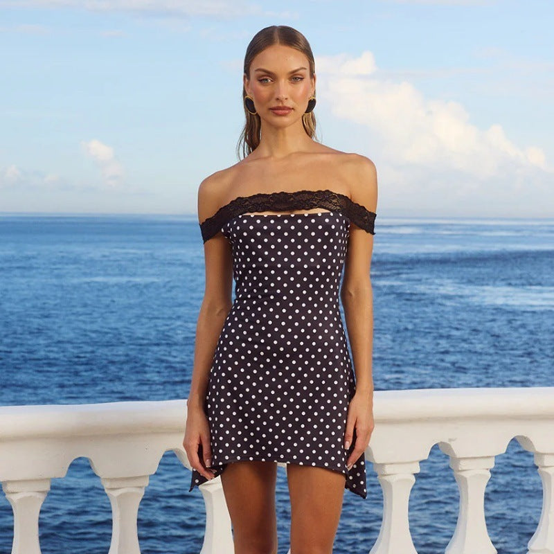 Sexy off-shoulder pure kanten slanke dot dot jurk voor nachten
