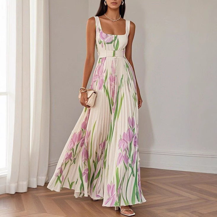 Vestido impreso plisado sin mangas para asuntos de noche formales pulidos